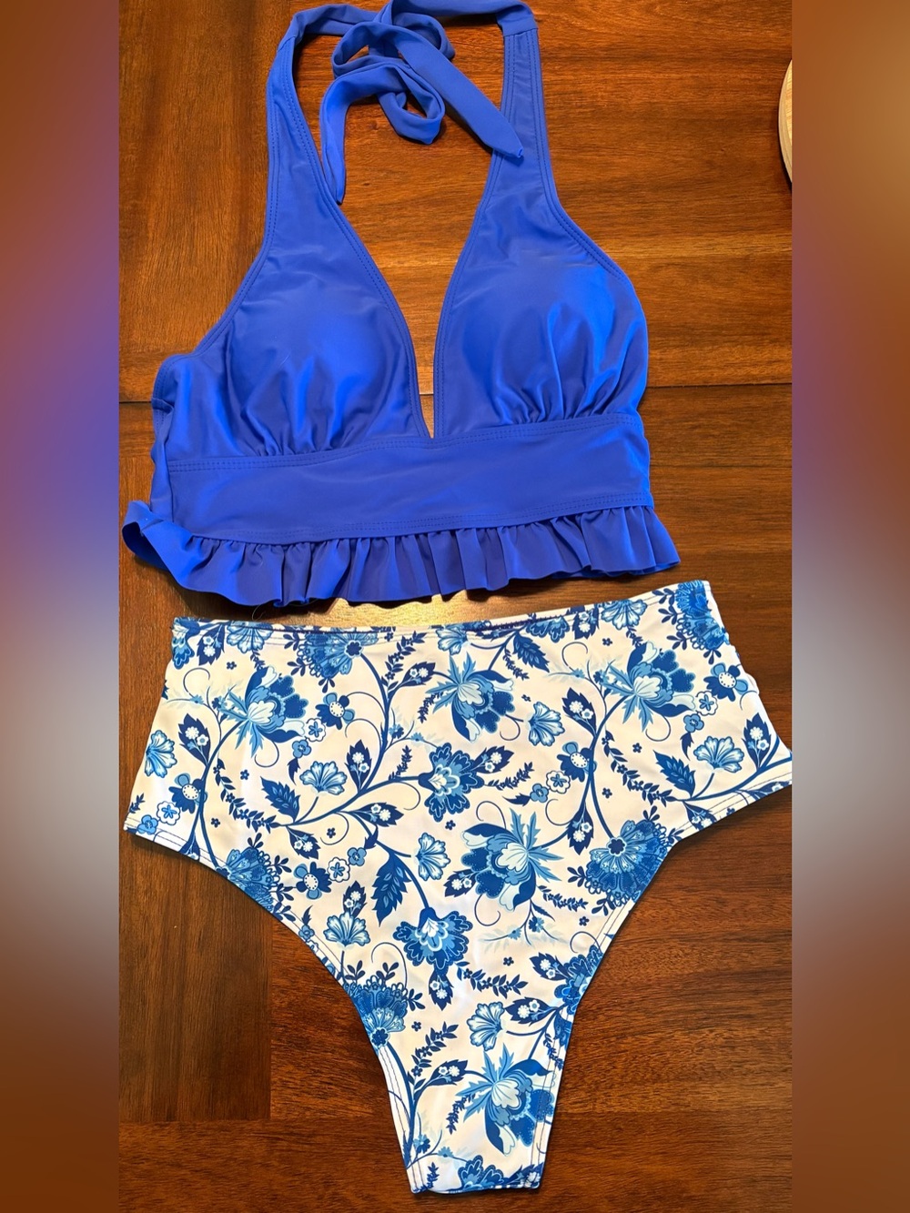SHEIN Royal Blue Halter Bikini Top with White & Blue Floral High-Waist Bottoms